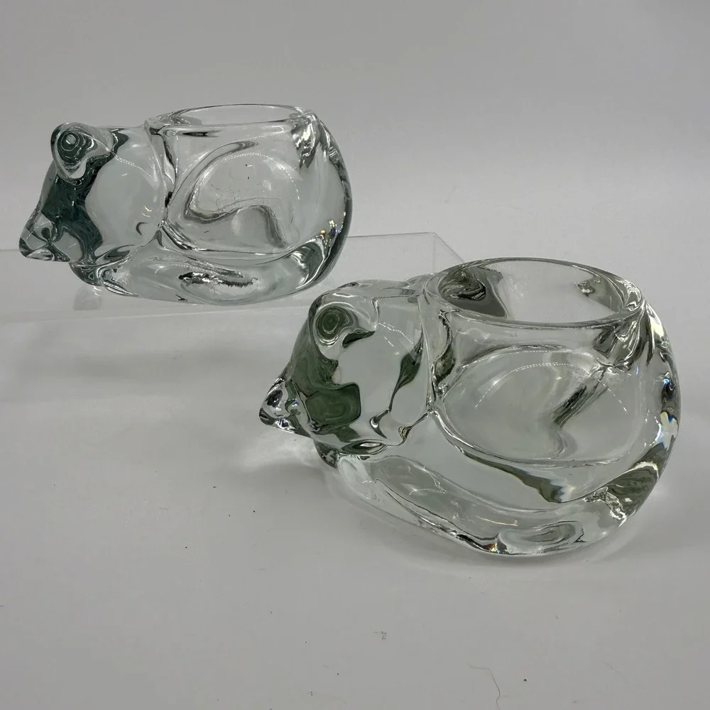 Vintage Indiana Glass Clear Cat Votive Candle Holders Pair